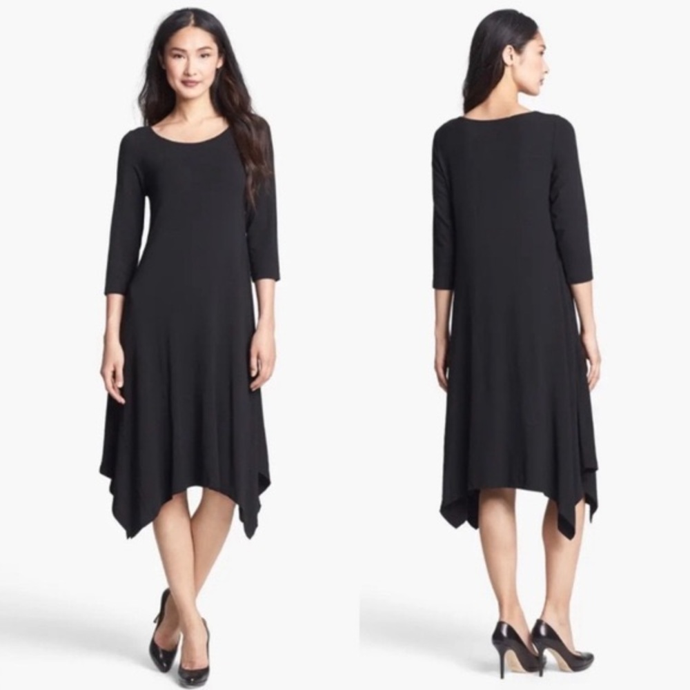 Eileen Fisher Asymmetrical Black Dress 3/4 Sleeve, Black, Large